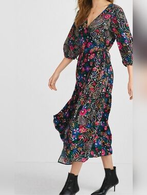Next Bohemian Floral Puff Sleeve Wrap Tie Dress Size US18 UK22 EUR50